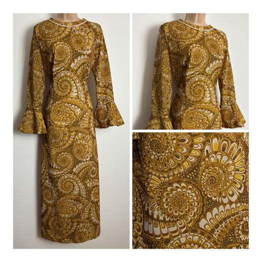 Vintage 1970s LADIES PRIDE Size 12 Tan Brown & Gold Paisley Print Flared Cuff Evening Maxi Dress