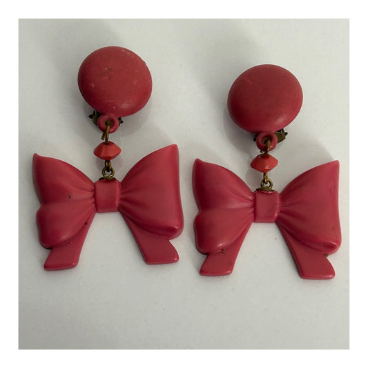 Vintage 1950s Cute Pink Plastic Dangle Bow Clip On Earrings