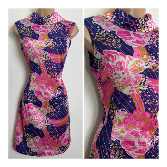 Vintage 1960s ST MICHAEL Size 6-8 Navy Pink & White Floral & Stripe Print Mini Mod Dress