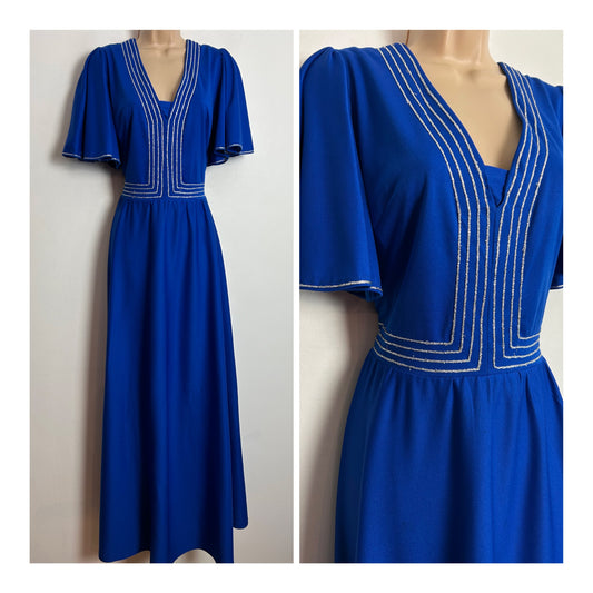 Vintage 1970s THE HOUSE OF NICHOLAS UK Size 14 Royal Blue & Silver Piping Trim Flutter Sleeve Evening Dress