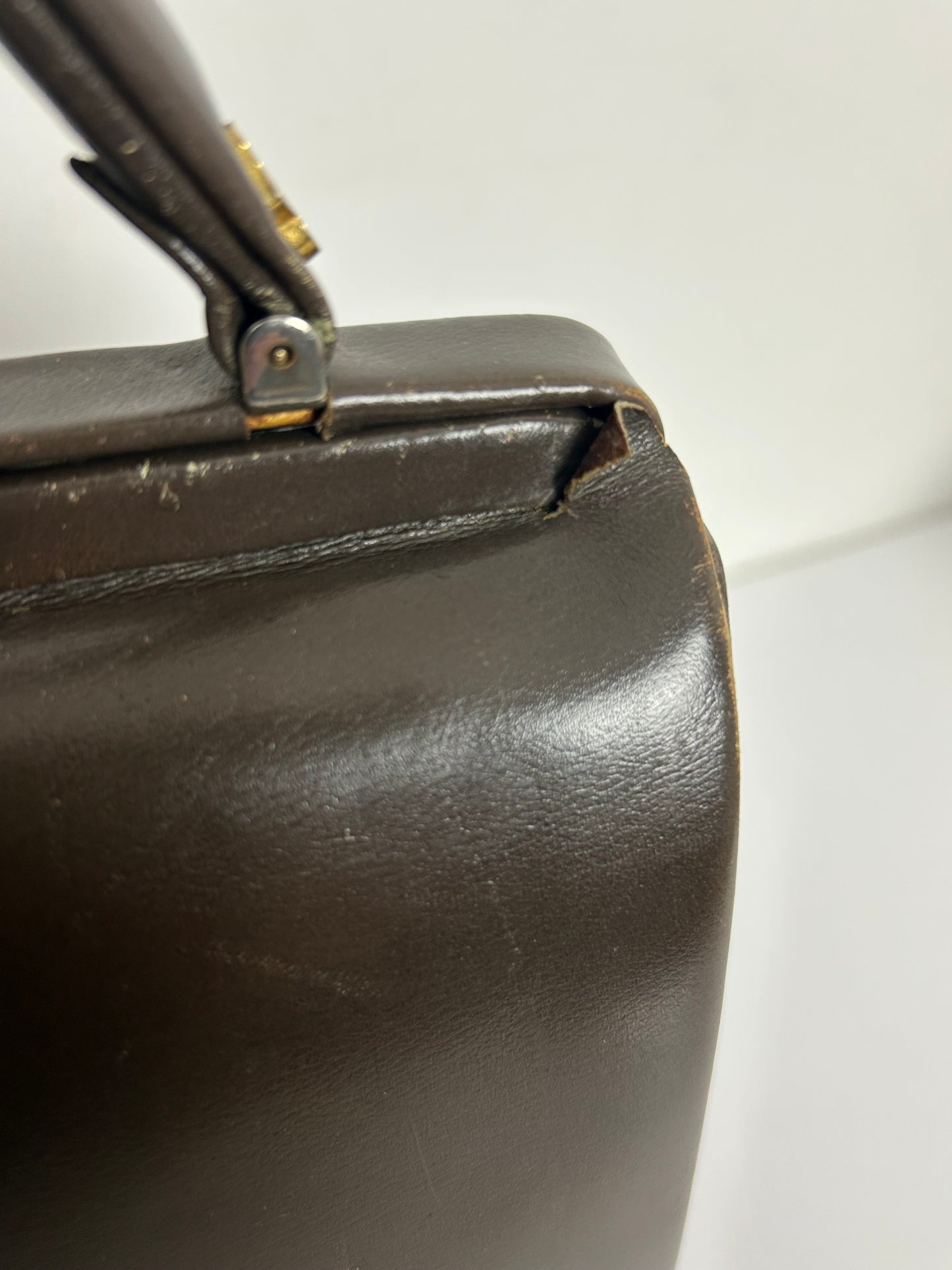 Vintage 1940s Dark Brown Leather Gladstone Style Boxy Handbag