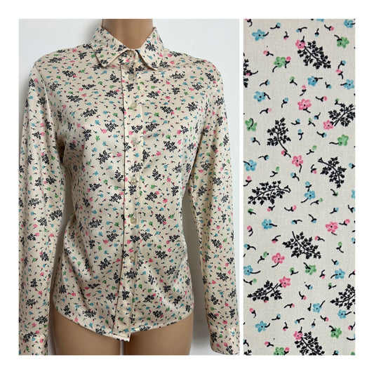 Vintage 1970s Size 12 Cream Black Blue & Pink Floral Print Long Sleeve Shirt