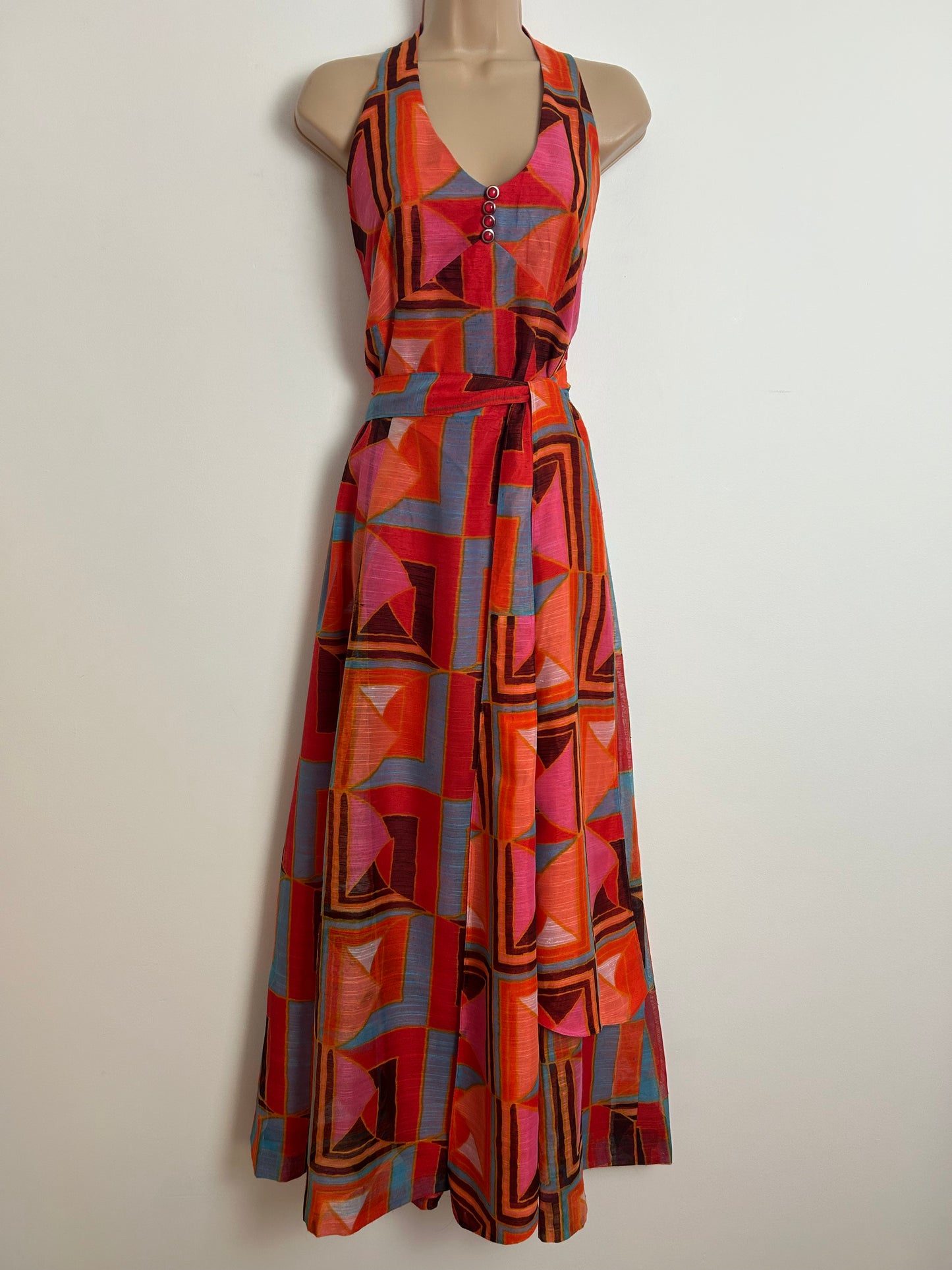 Vintage 1970s UK Size 14 Red Blue Orange & Black Geo Print Halterneck Belted Maxi Dress