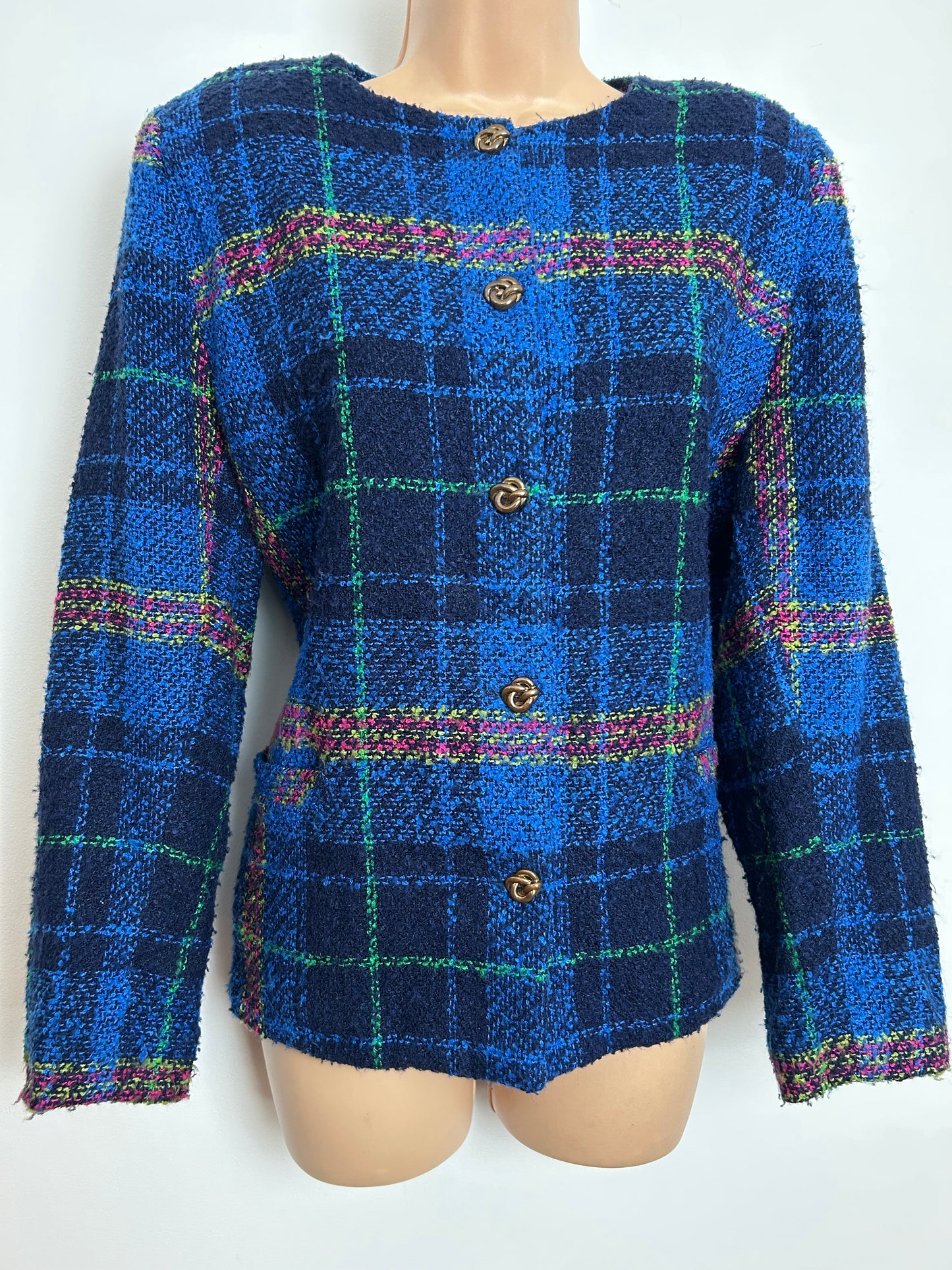 Vintage VINCI CLOTHIERS Size 14 Blue Check Boucle Collarless Boxy Jacket