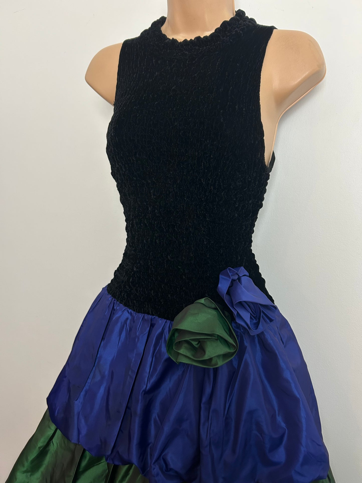 Vintage 1980s Size 10-12 Black Purple & Green Velour & Taffeta Party Prom Dress