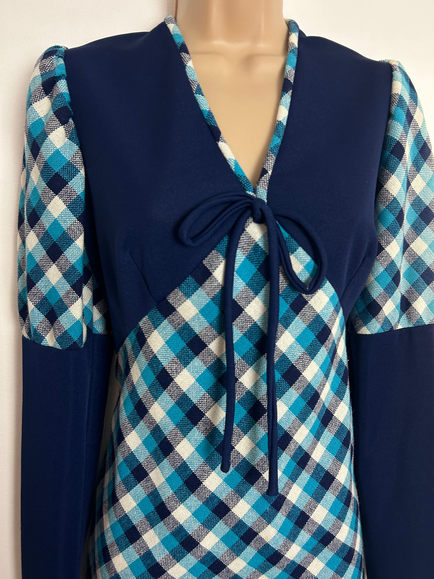 Vintage 1960s CHARMONT OF LONDON UK Size 12-14 Navy Blue White & Turquoise Check Pattern Juliet Sleeve Mod Dress