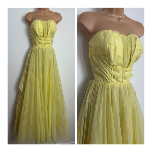 Vintage 1950s Size 8 Lemon Yellow Strapless Boned Chiffon Summer Prom Style Occasion Maxi Dress