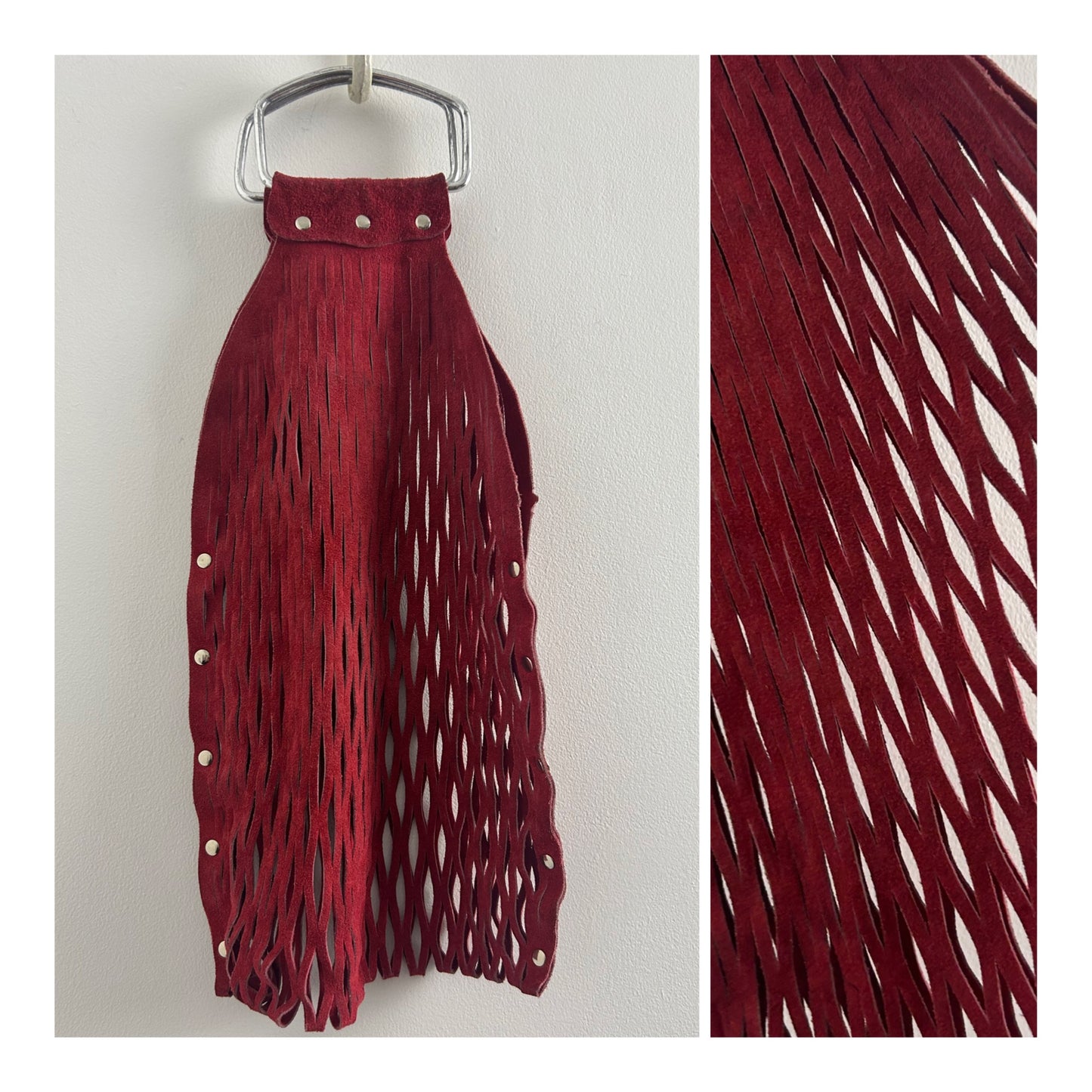 Vintage Late 1960s Red Suede Leather Lattice Cutwork Stretchy Boho Bag