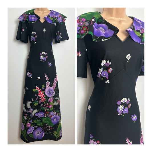 Vintage 1970s Size 8-10 Black Purple & Green Floral Print Frill Collar Short Sleeve Maxi Dress