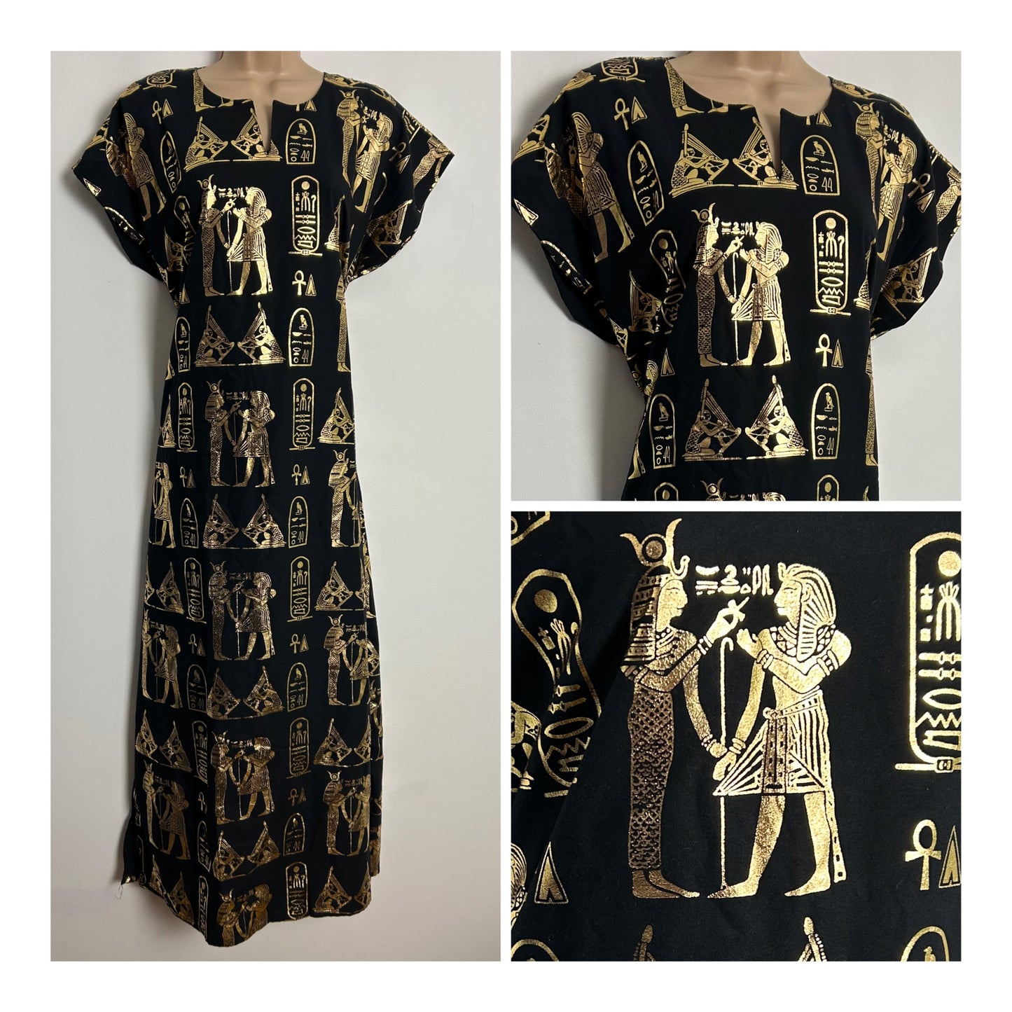 Vintage 1990s Y2K Up To Size 12/14 Black & Metallic Gold Egyptian Print Cotton Mix Kaftan