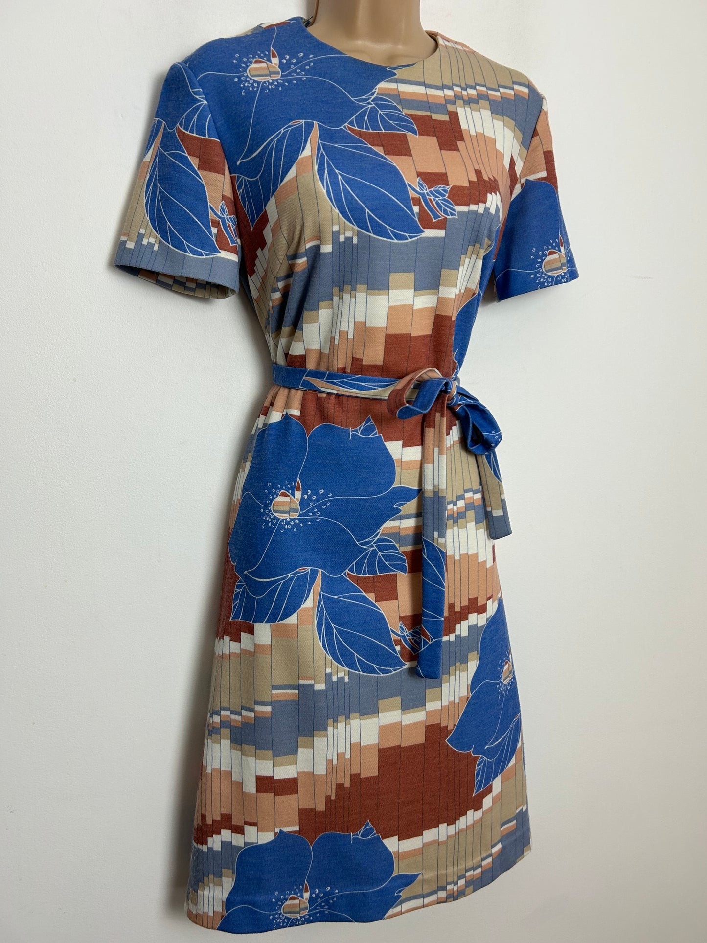 Vintage 1970s JORA MODELL Size 12 Blue Beige & Brown Geo & Floral Print Wool Mix Jersey Belted Day Dress