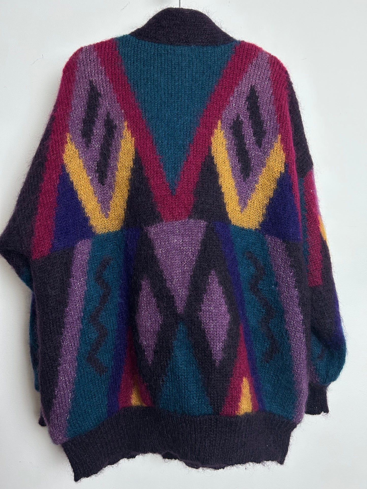 Vintage 1980s YOUR SIXTH SENSE Size XL Oversized Purple Pink Green & Mustard Mohair Mix Chunky Coatigan
