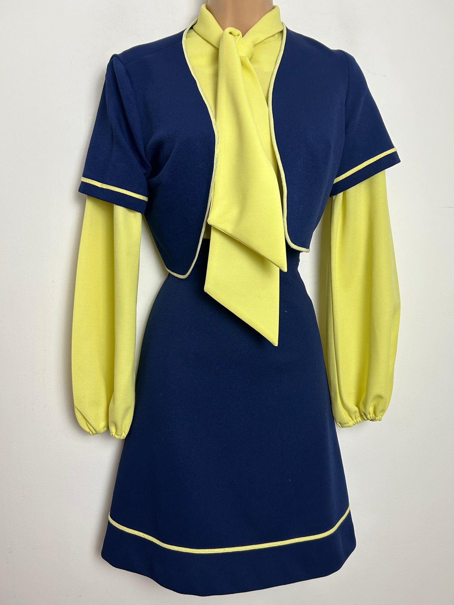 Vintage 1960s Size 8 Navy Blue & Yellow Scarf Neck Long Sleeve Mod Dress & Matching Jacket