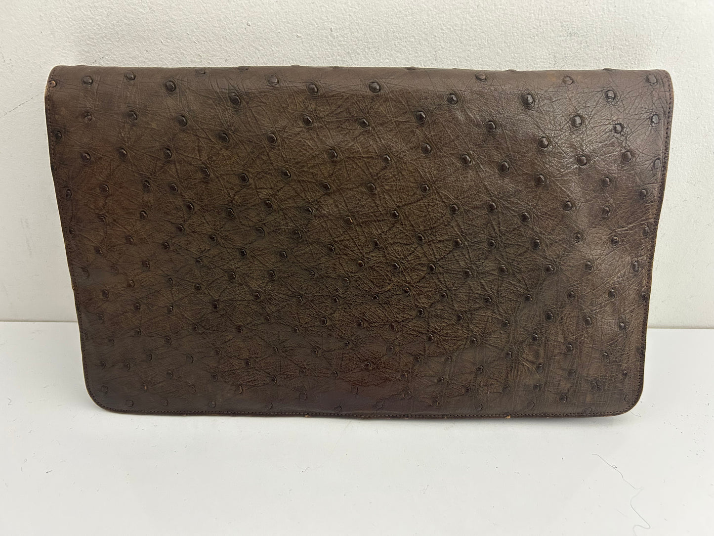 Vintage 1950’s Large Brown Ostrich Leather Clutch Bag With Hand Strap To The Back