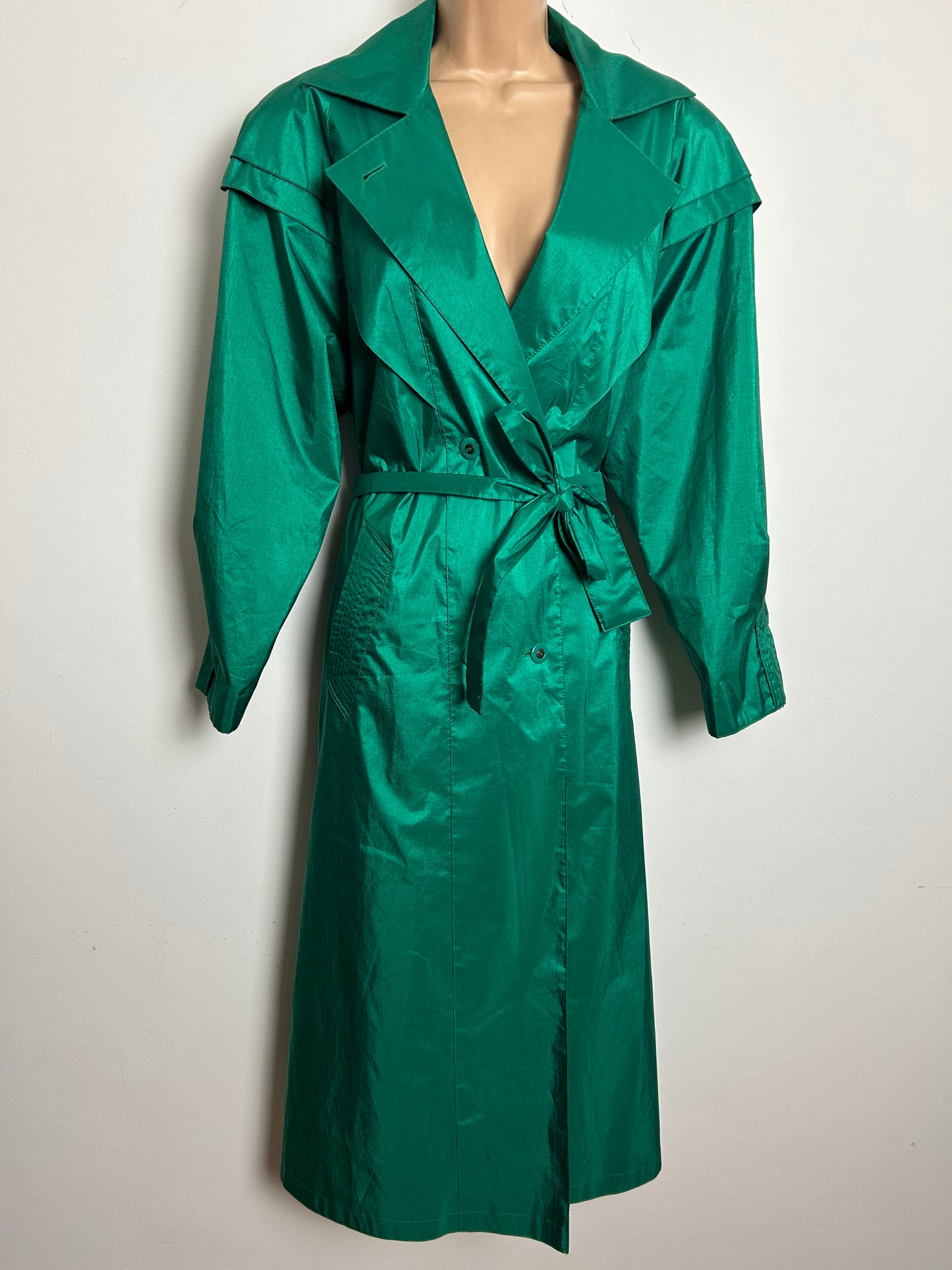 Vintage 1980s BRITISH MIST Size 12-14 Emerald Green Belted Trench Coat