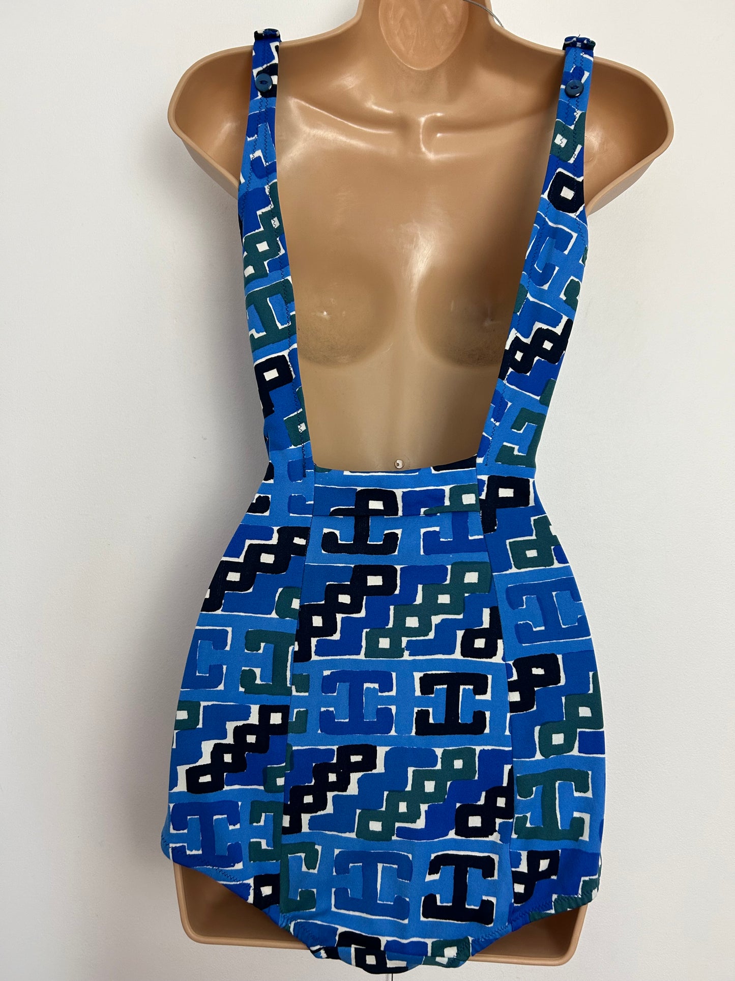 Vintage 1950s RARE MARTIN WHITE Approx UK Size 10 Blue Tones Abstract Print Skirted Swimsuit Bathing Costume