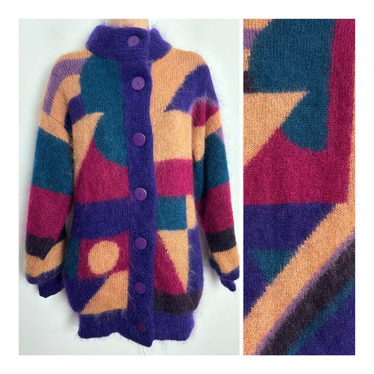 Vintage 1980s C&A One Size Up To Size 14 Purple Dark Pink Green & Sandy Beige Mohair Mix Cardigan/Coatigan