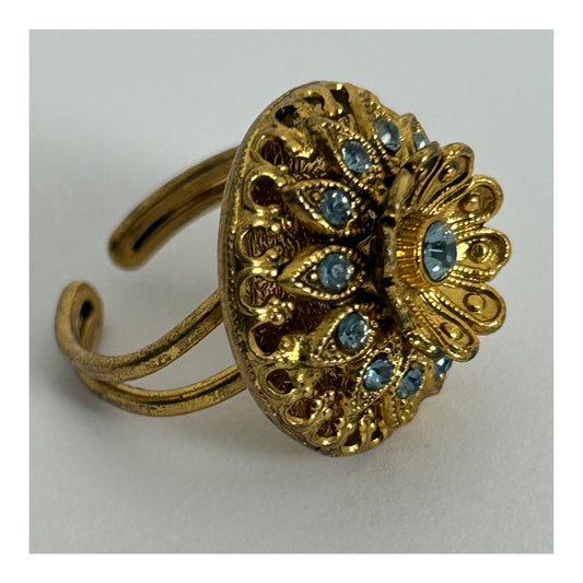 Vintage Gold Tone Base Metal & Blue Diamante Set Adjustable Ring Up To Size M