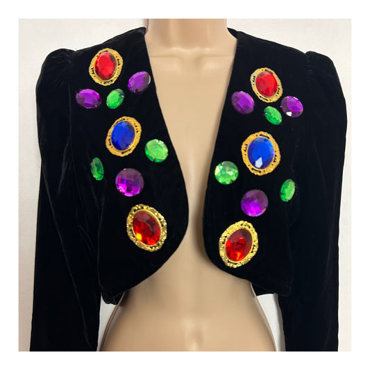 Vintage 1980s UK Size 10 Black Velvet Multicoloured Jewel Detail Long Sleeve Bolero Cover Up