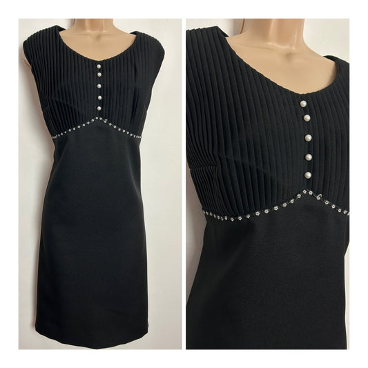 Vintage 1960s UK Size 12-14 Black Pleated Bodice Daisy Bead Trim Little Black Mod Shift Dress