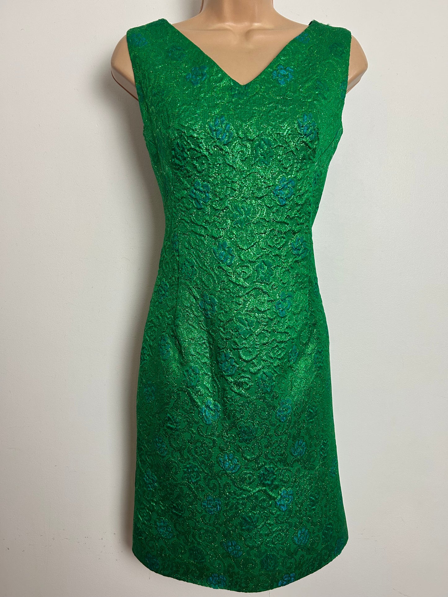 Vintage 1960s LAURA PHILLIPS Size 10 Metallic Green & Blue Textured Jacquard Xmas Party Mini Dress