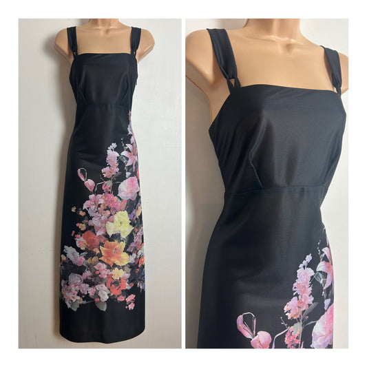 Vintage 1970s MARJORIE WARD Size 10 Black Floral Print Looped Straps Maxi Dress