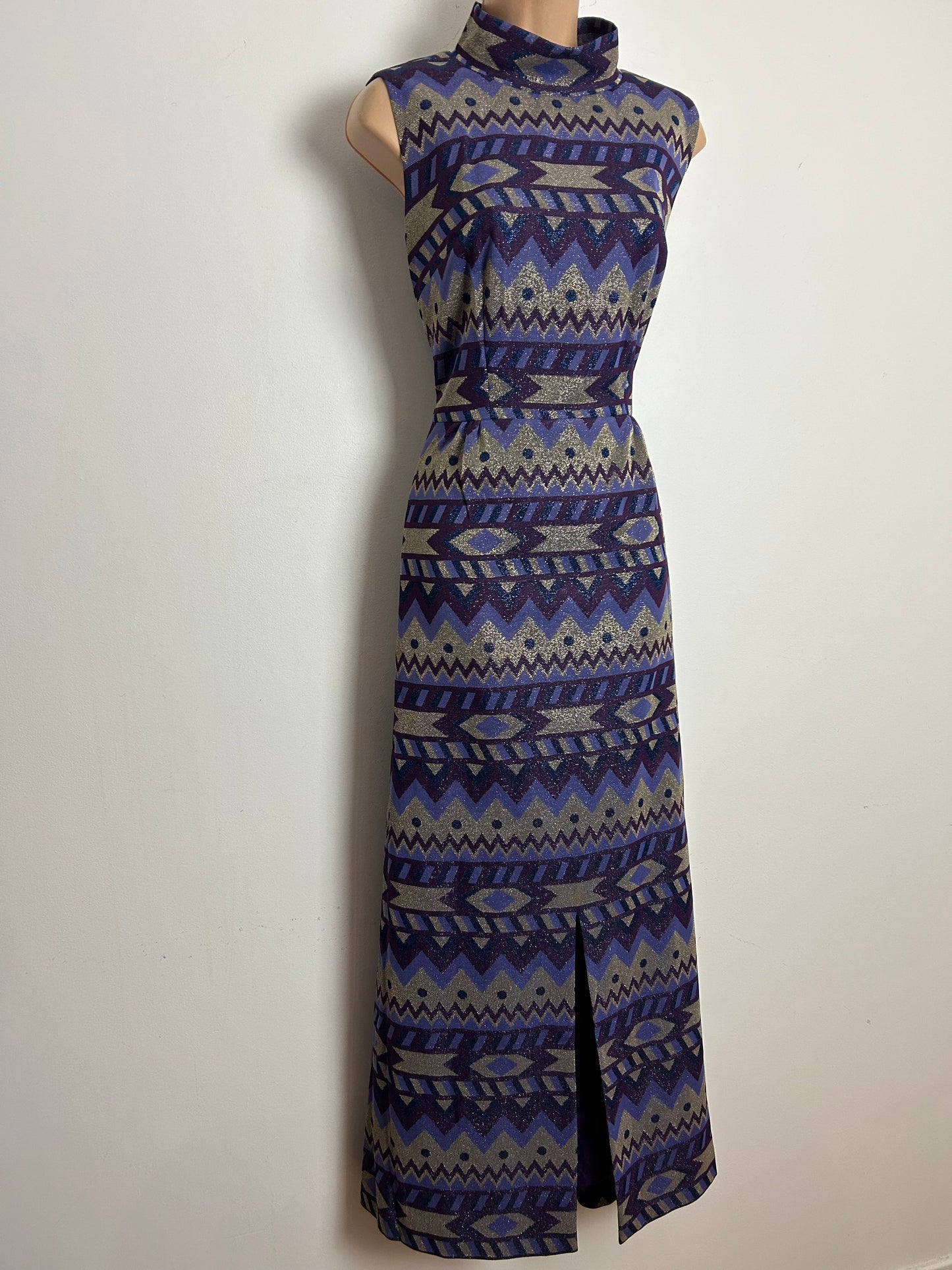 Vintage 1970s Size 12 Purple & Silver Tones Abstract Print Lurex Evening Maxi Dress