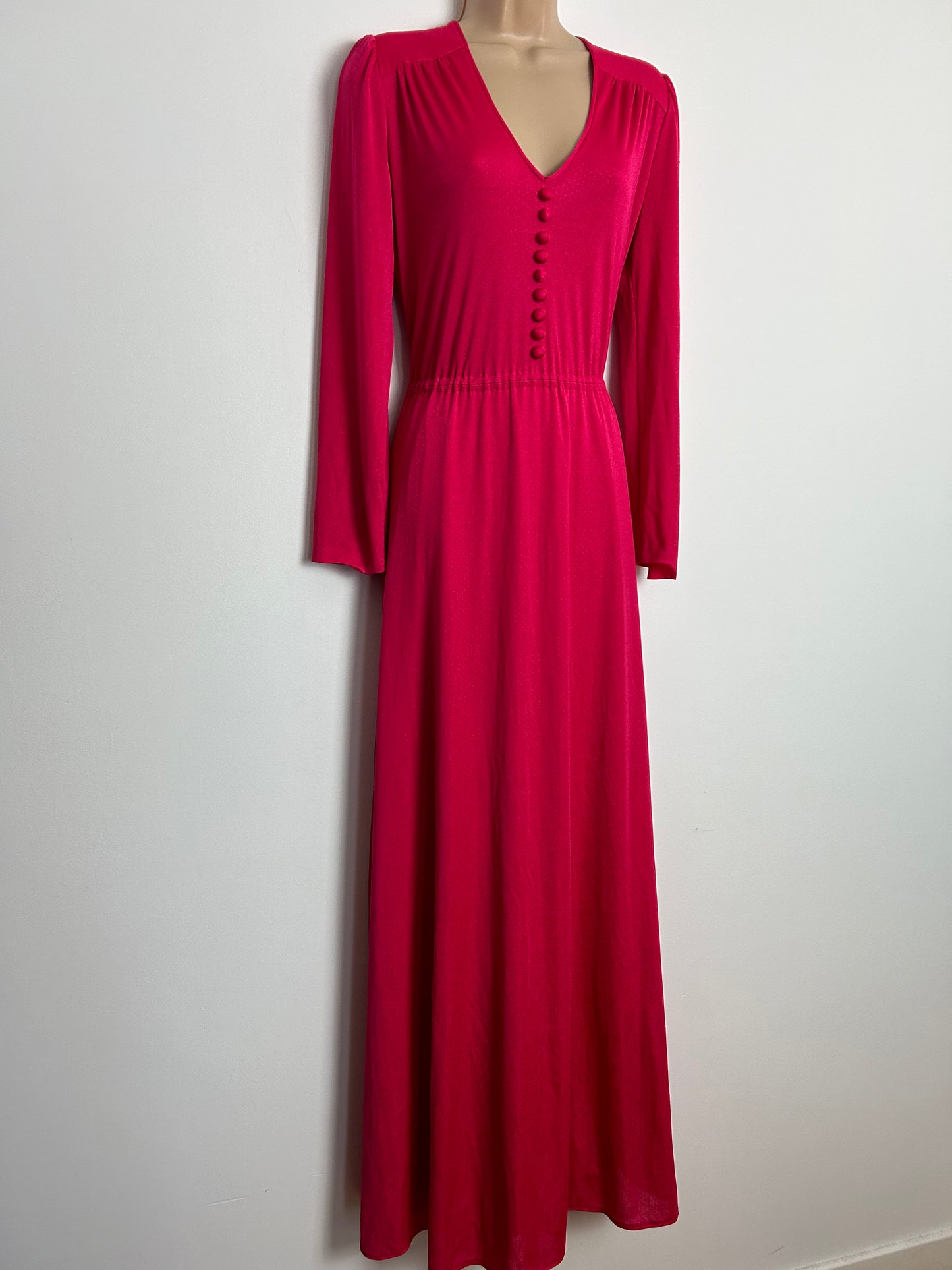 Vintage 1970s UK Size 14-16 Hot Pink Long Sleeve Maxi Dress