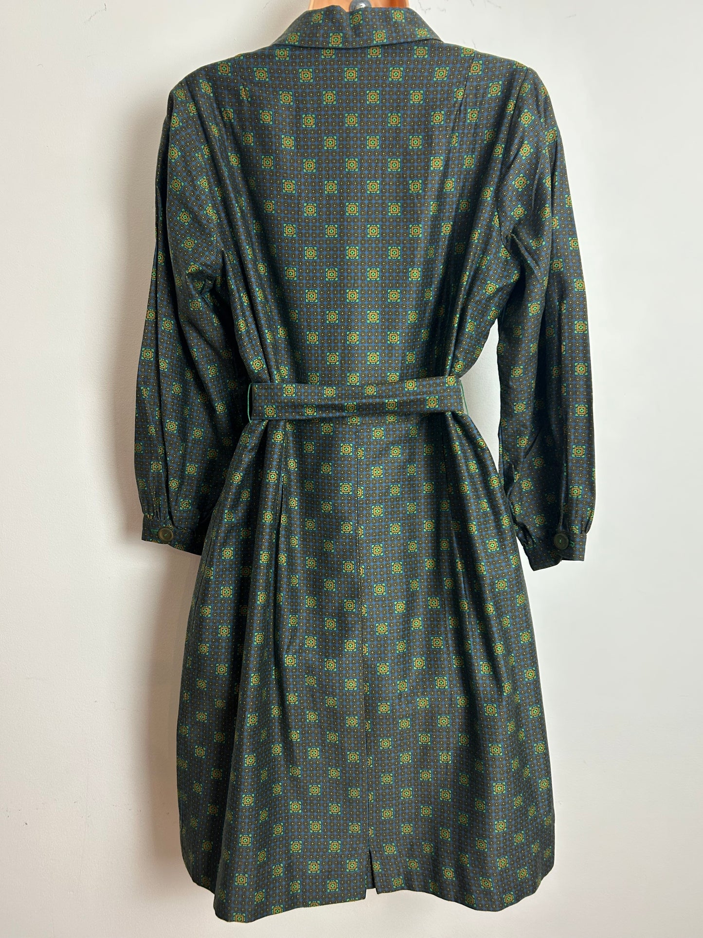 Vintage Late 1950s Size 14 Dark Green Tile Print Belted Cotton Pleat Detail Day Dress