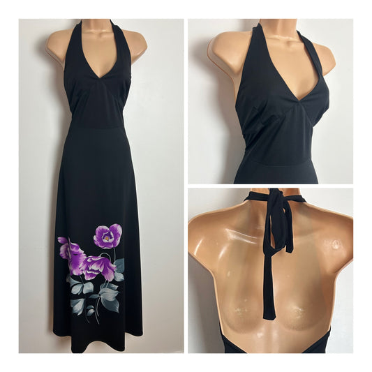 Vintage 1970s Size 8 Black Purple & Grey Floral Print Halterneck Maxi Dress