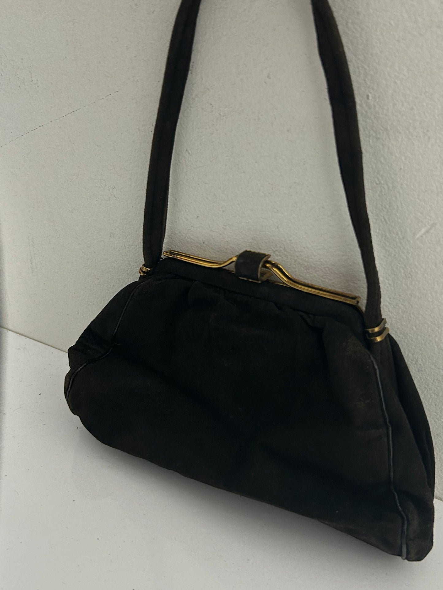 Vintage 1940s Black Suede & Gold Tone Frame Mini Handbag