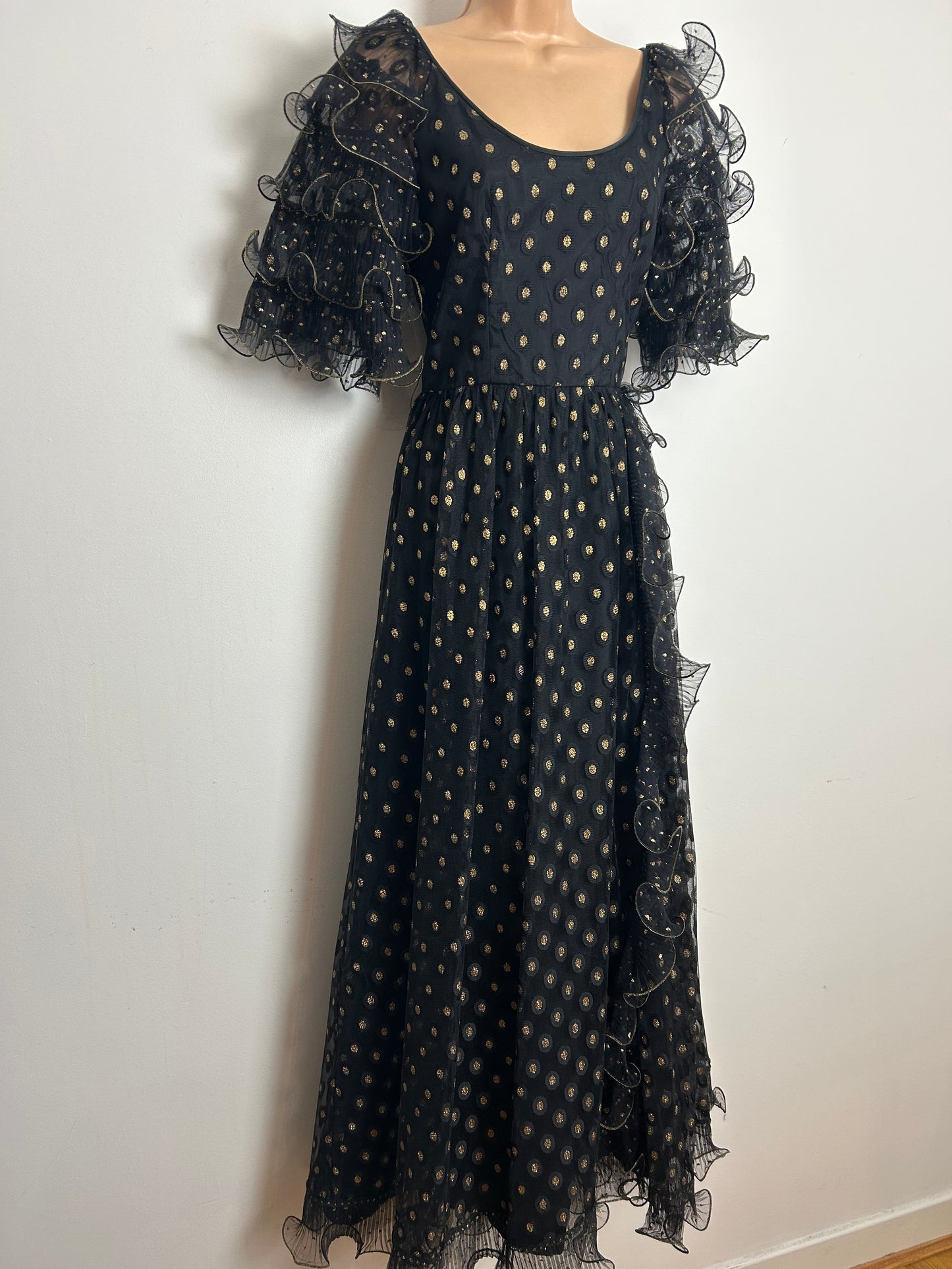 Vintage Late 1970s JOHN CHARLES Size 8 Black & Gold Spot Pattern Ruffle Sleeve Evening Maxi Dress