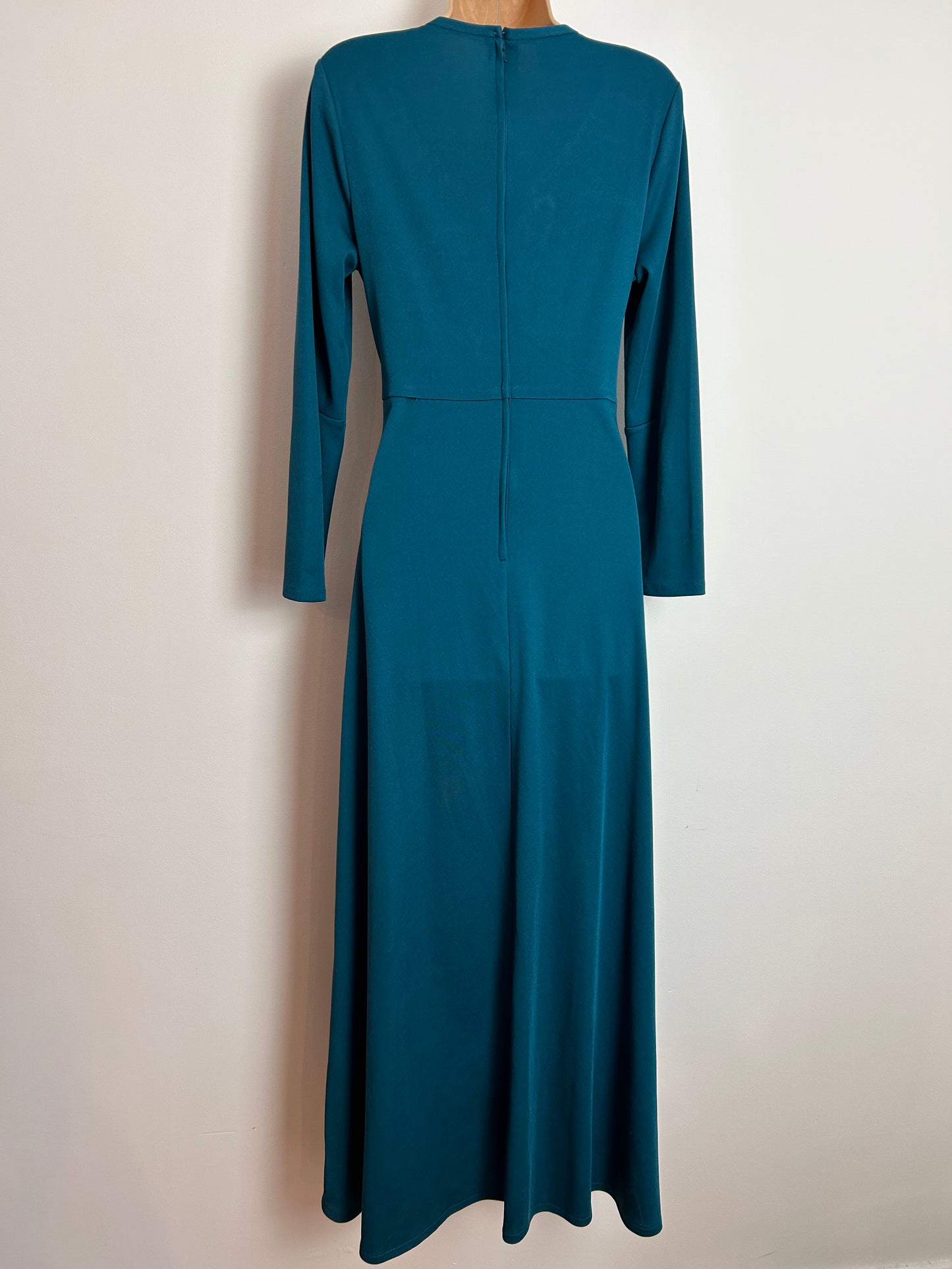 Vintage 1970s Approx UK Size 10-12 Teal Long Sleeve Plunge Neck Bow Detail Long Sleeve Boho Maxi Dress by Devonshire Lady