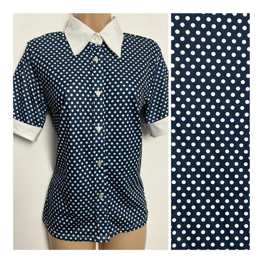 Vintage 1980s FASHION STYLE Size 10 Navy Blue & White Polka Dot Print Short Sleeve Shirt