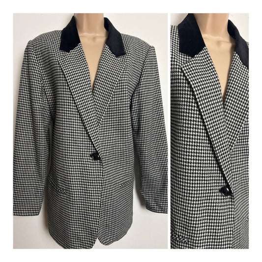 Vintage 1980s SAG HARBOR Size 14-16 Black & White Dog Tooth Check Velvet Collar Wool Mix Blazer
