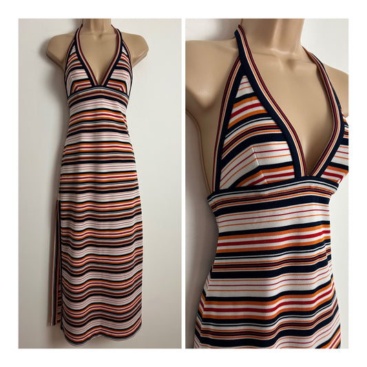 Vintage 1970s Size 6 White Navy Blue & Orange Stripe Print Halter Neck Summer Maxi Dress