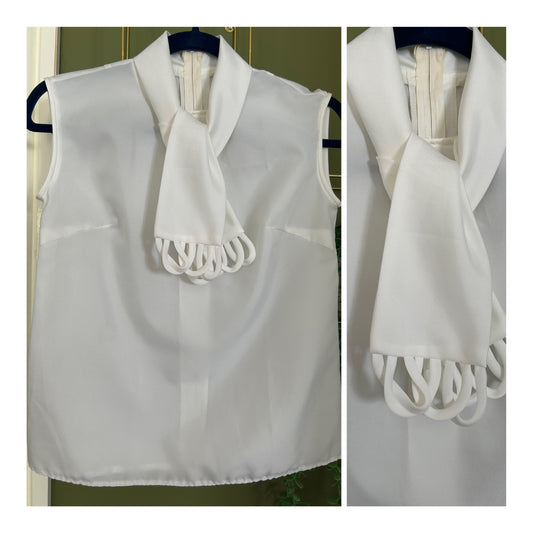 Vintage 1960s Size 8 White Sleeveless Scarf Tie Blouse/Top