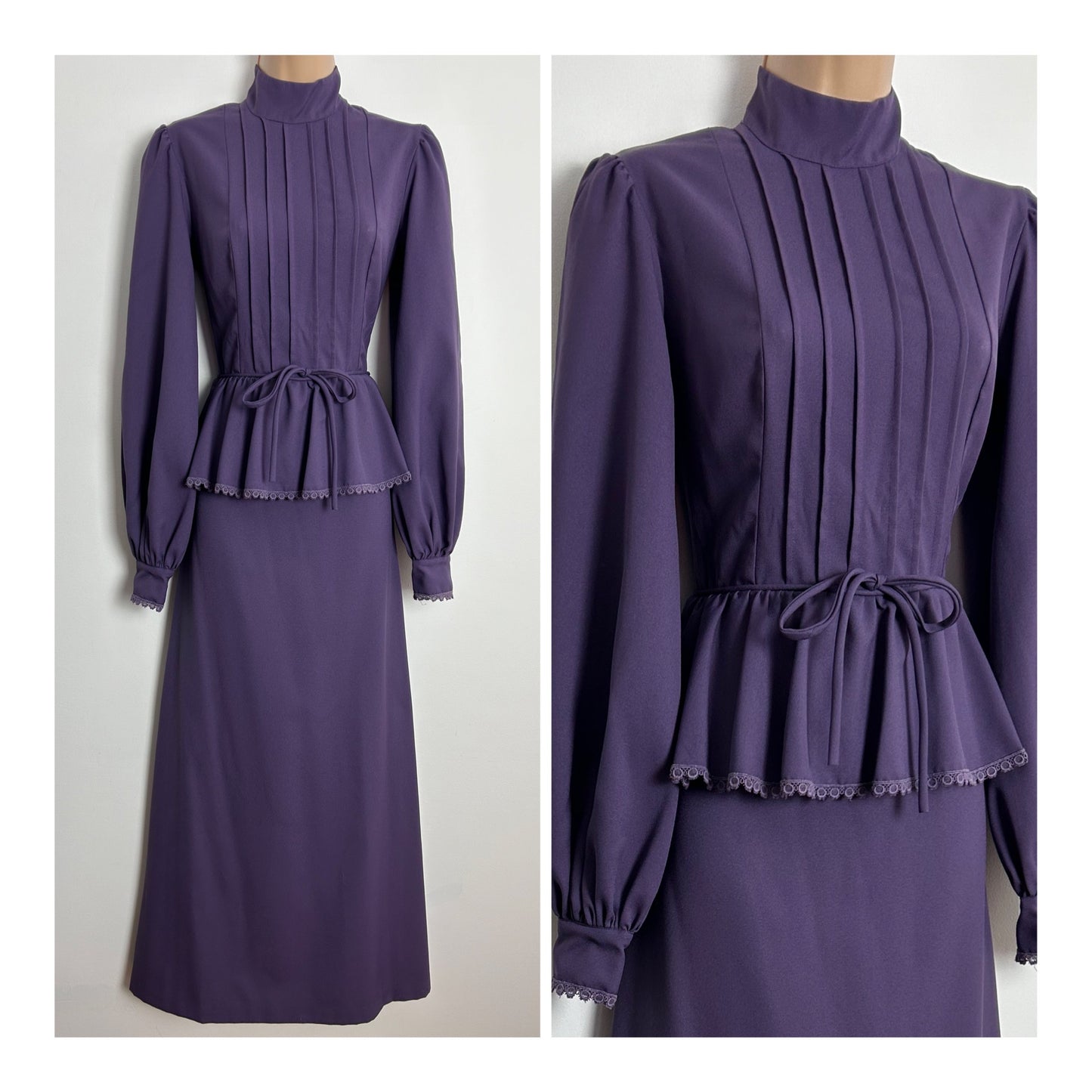 Vintage 1970s SIMON ELLIS UK Size 8 Mauve Purple High Neck Long Sleeve Peplum Prairie Boho Maxi Dress