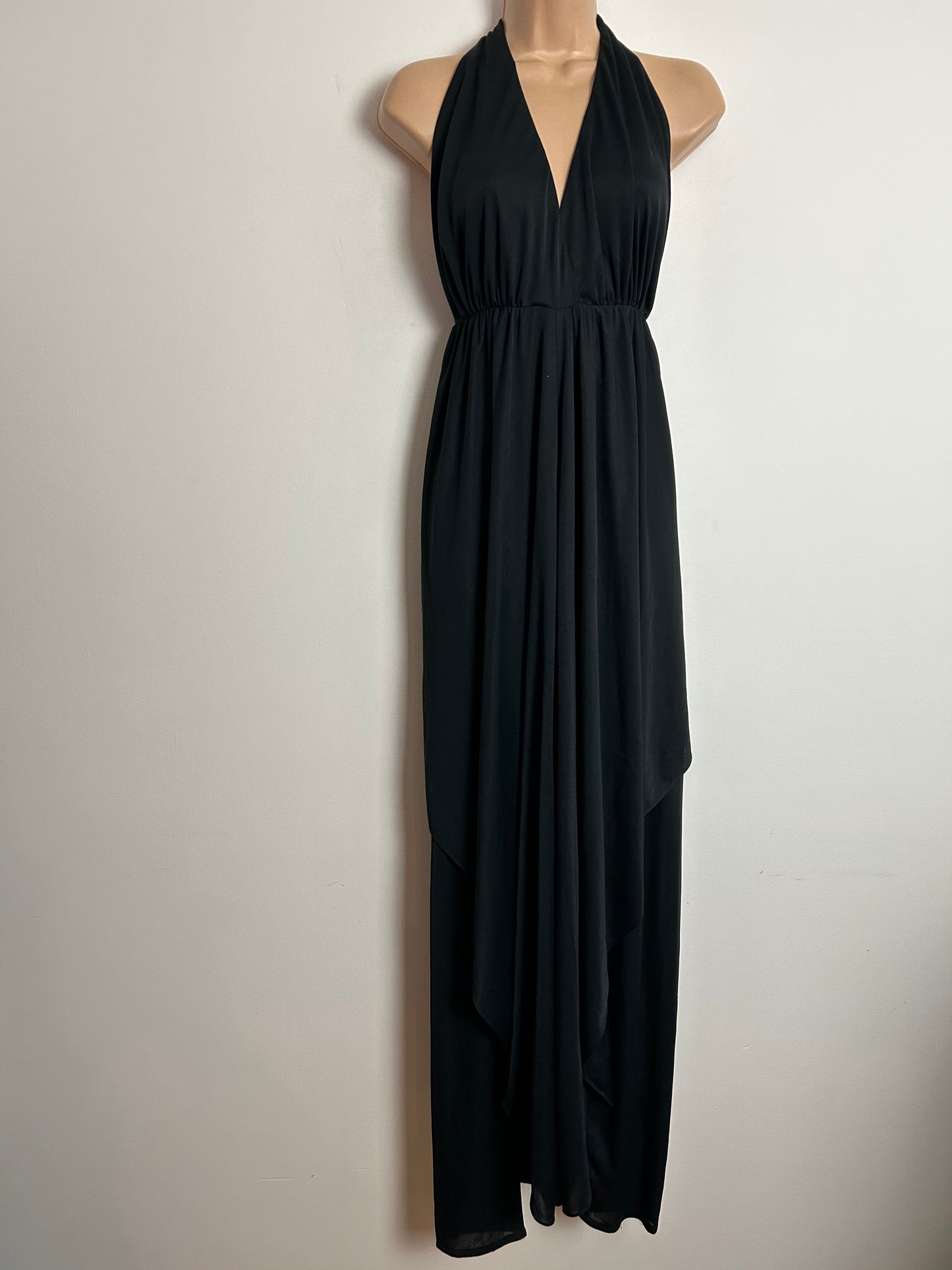 Vintage Late 1970s SHUBETTE UK Size 10-12 Black Halter Neck Open Back Layered Evening Occasion Jumpsuit