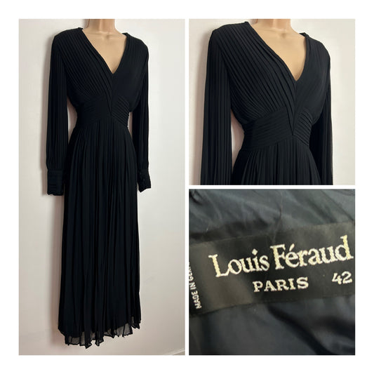 Vintage 1970s LOUIS FERAUD UK Size 12 Black Long Balloon Sleeve Pleated Evening Maxi Dress