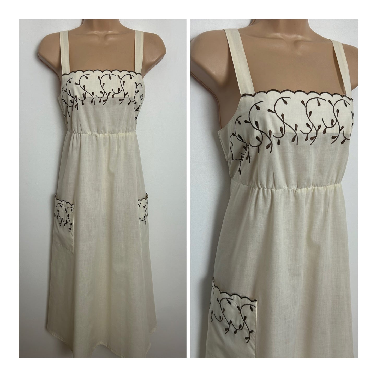Vintage 1970s Size 8 Cream & Brown Embroidered Pocket Detail Cotton Summer Day Dress