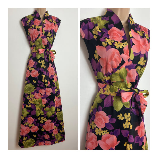 Vintage 1970s Size 10-12 Black Pink Purple & Green Floral Print Sleeveless Belted Maxi Dress