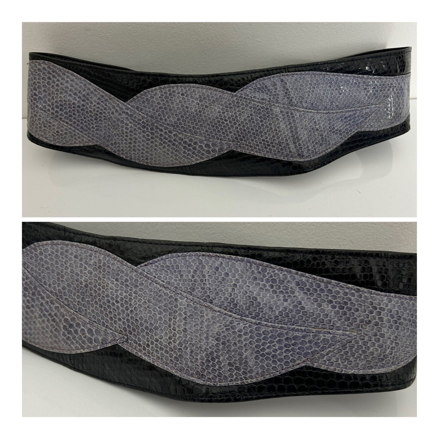 Vintage 1980s Black & Grey Mock Reptile Skin New Romantic Style Leather Wide Cinch Belt 28" Waist