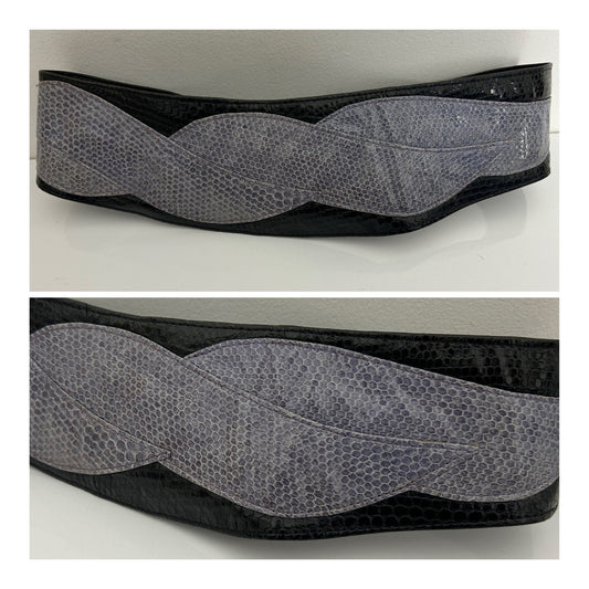 Vintage 1980s Black & Grey Mock Reptile Skin New Romantic Style Leather Wide Cinch Belt 28" Waist