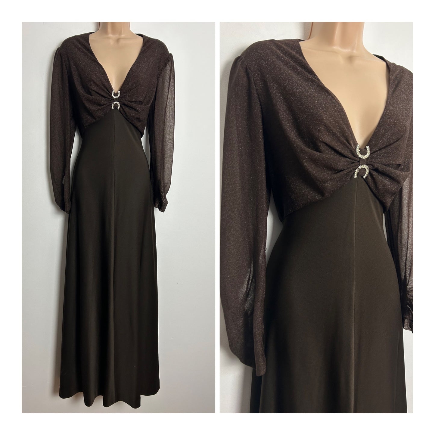 Vintage 1970s DOBETT UK Size 12-14 Brown Lurex Bodice Long Sleeve Occasion Evening Maxi Dress