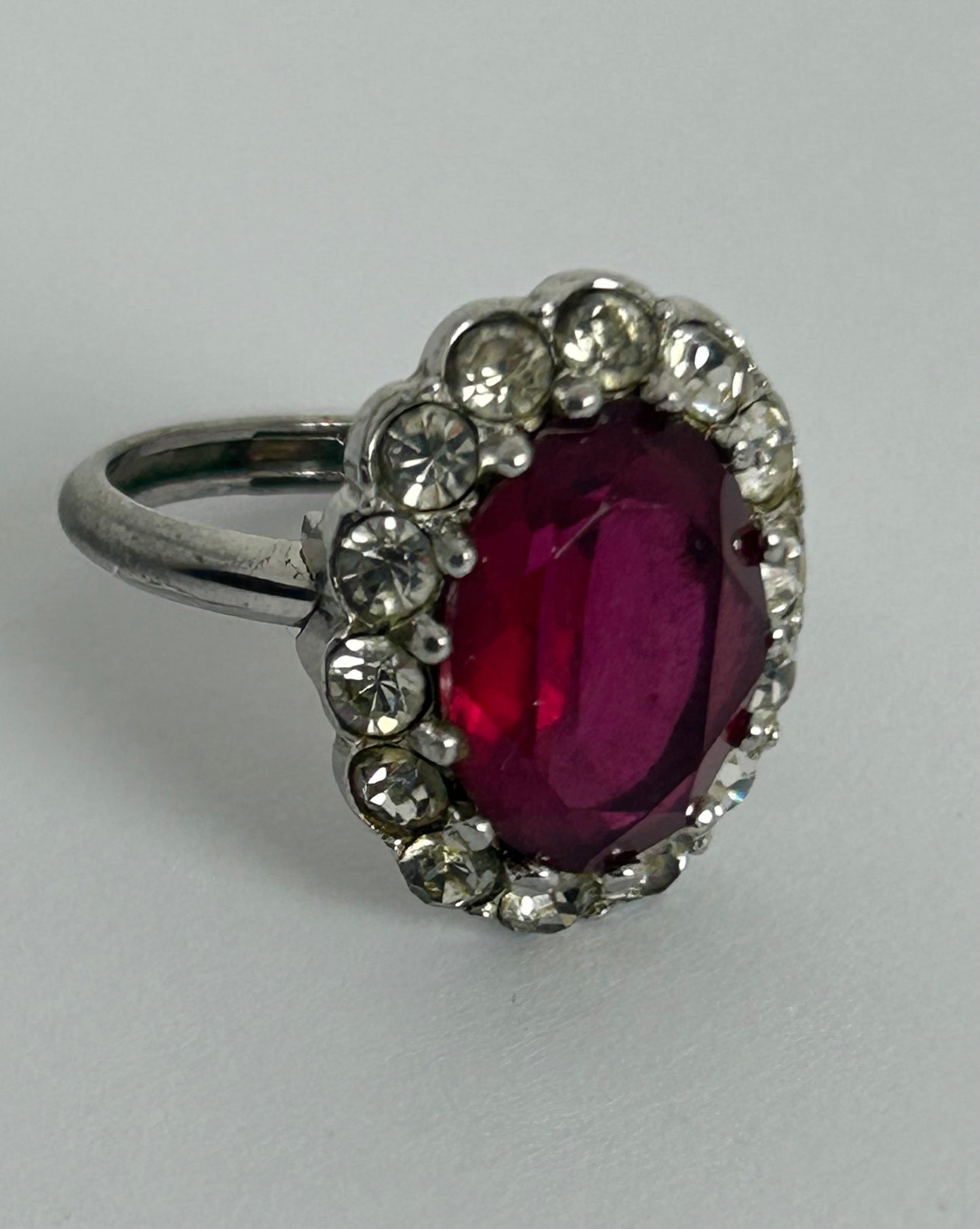 Vintage Silver Tone Red Glass & Diamante Stone Set Cocktail Ring Size T