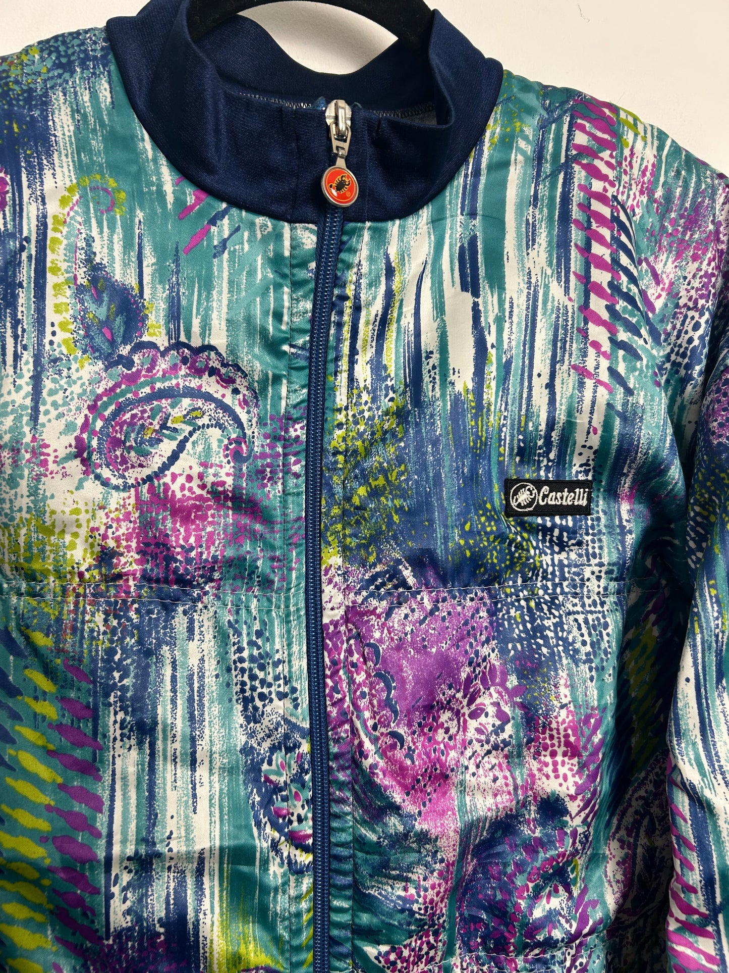 Vintage 1980s Up To Size 14 Italian CASTELLI Blue Turquoise & Pink Paisley Print Zip Fronted Activewear Cycling Top