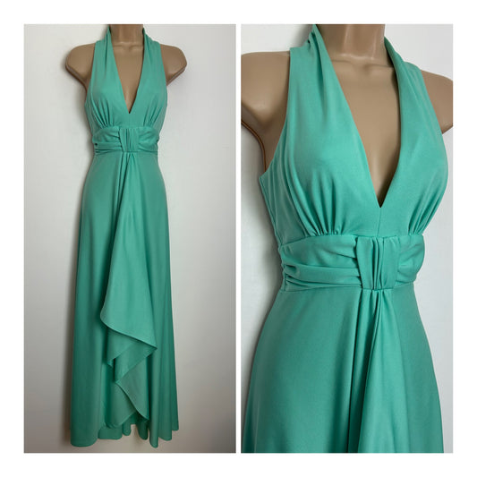 Vintage 1970s Size 6 Mint Green Sleeveless Plunge Neck Summer Occasion Maxi Dress