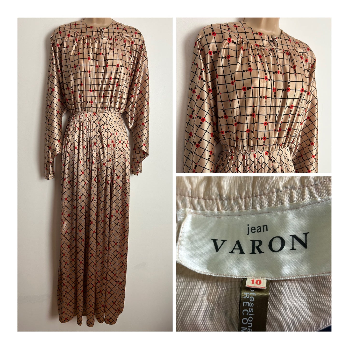 Vintage Late 1960s JEAN VARON UK Size 6 Goldy Beige Black Brown & Red Check Spot & Poppy Print Pleated Maxi Dress