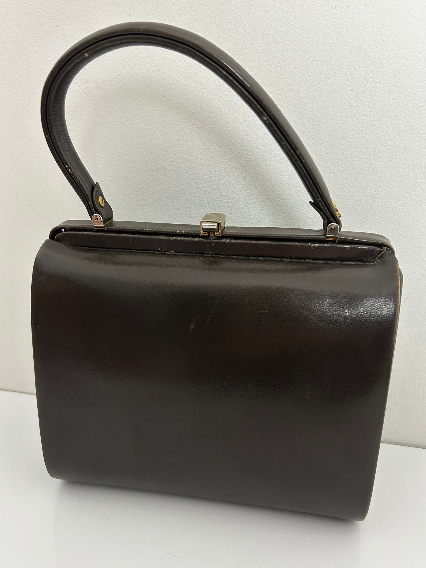 Vintage 1940s Dark Brown Leather Gladstone Style Boxy Handbag